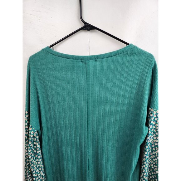 White Birch Green Floral Puff Sleeve Ribbed Knit BOHO Tunic Top Medium - Picture 8 of 8